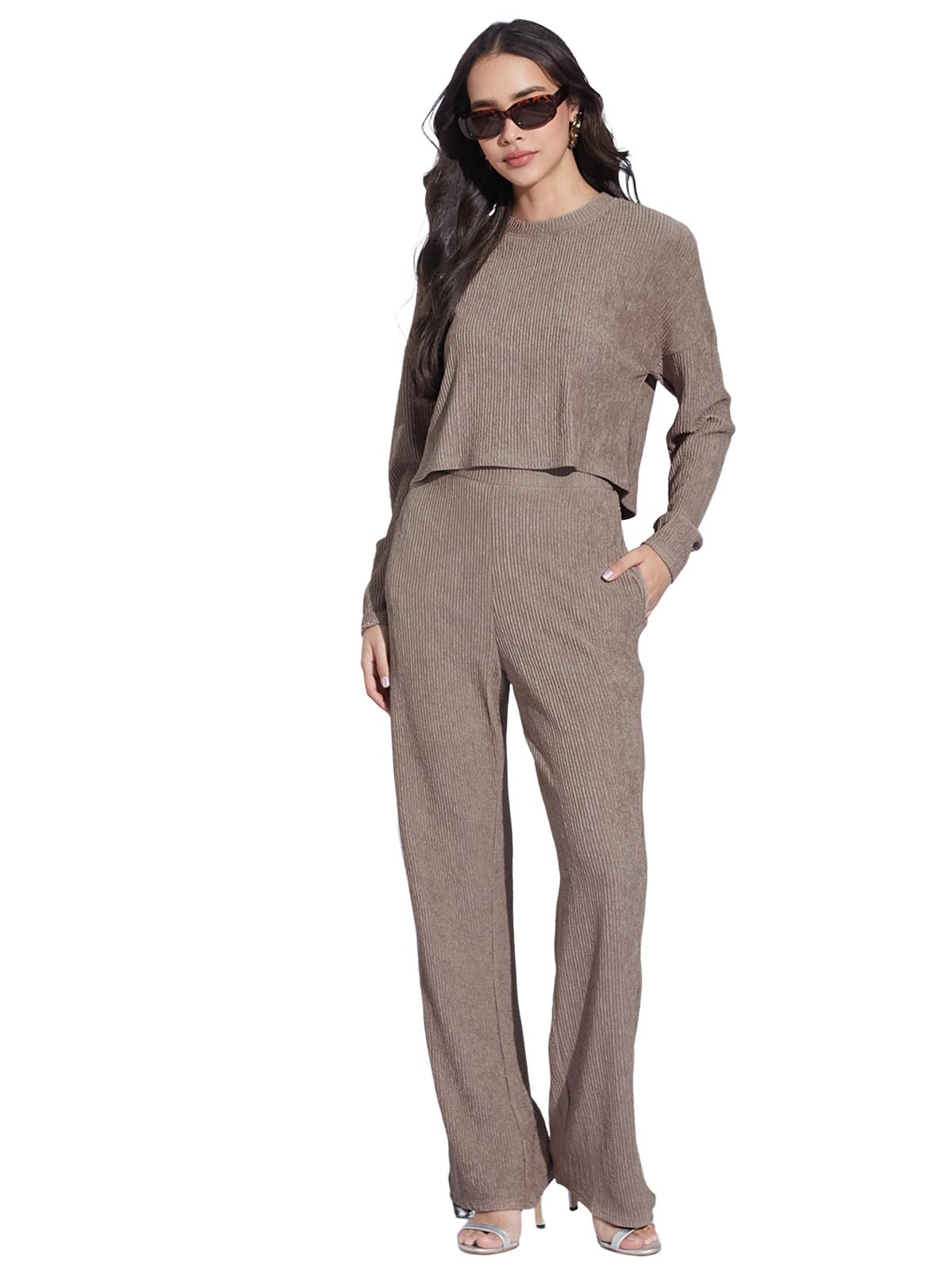 selvia Women's Full Sleeve Textured Lycra Round Neck Top & Trouser 2 Piece Co-ords Set-picture-25