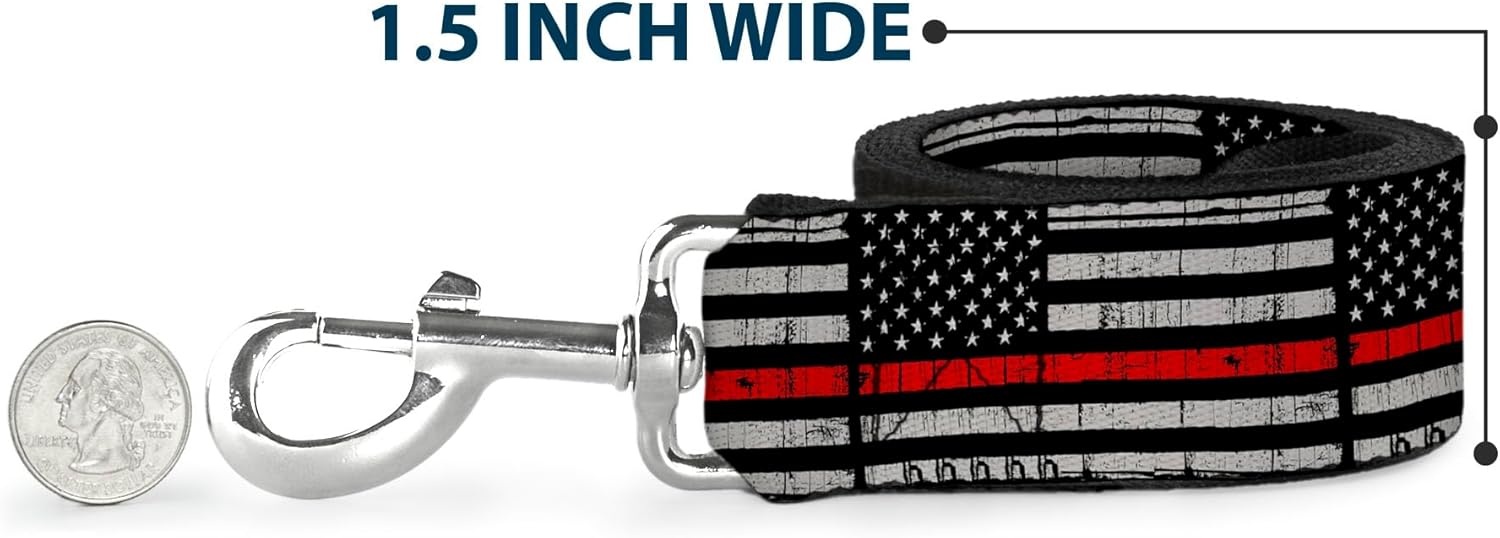 Buckle-Down Dog Leash Thin Red Line Flag Weathered Black Gray Red 6 Feet Long 1.0 Inch Wide