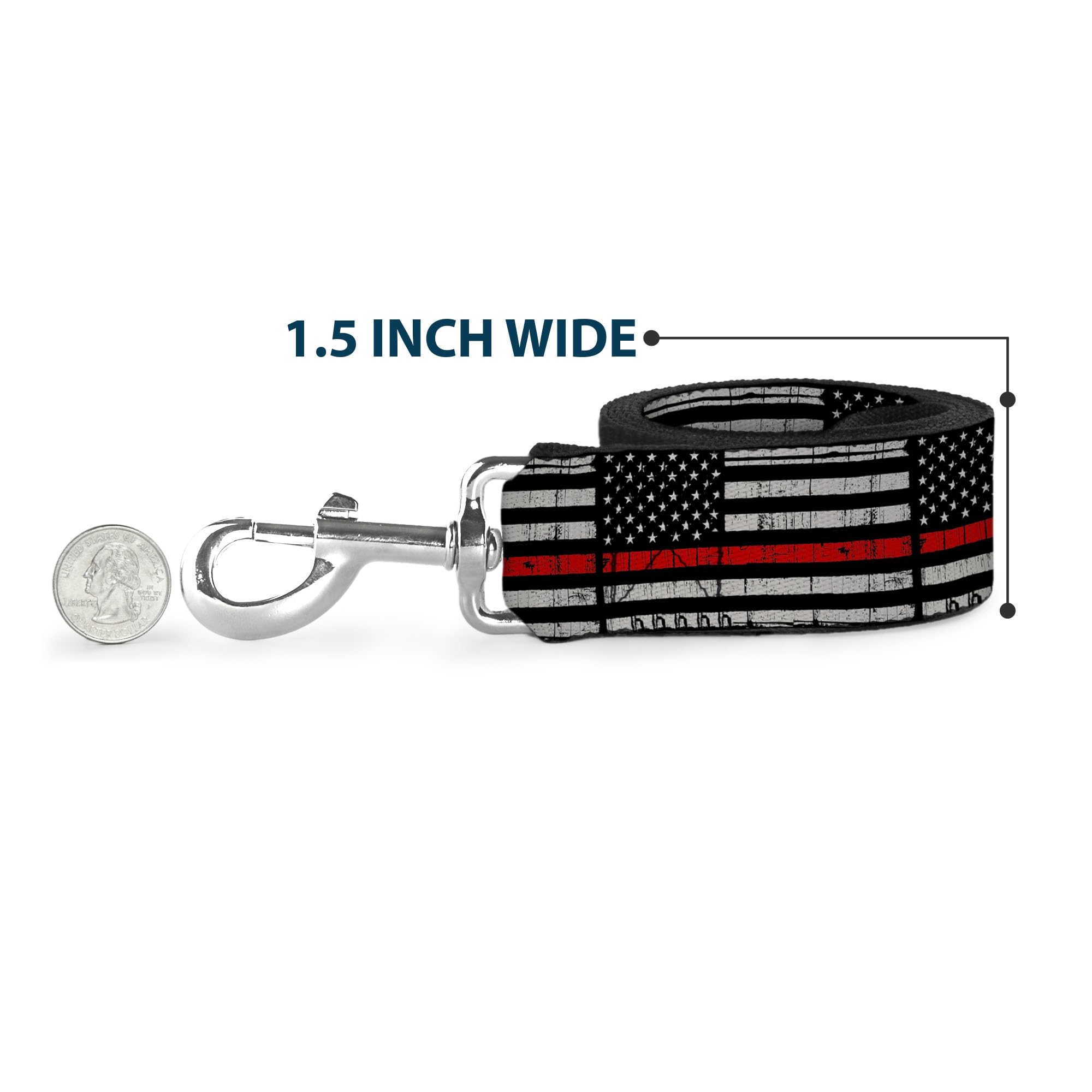 Buckle-Down Correa de Perro Delgada línea roja Bandera desgastada Negro Gris Rojo 6 pies de Largo 1.5 Pulgadas de Ancho