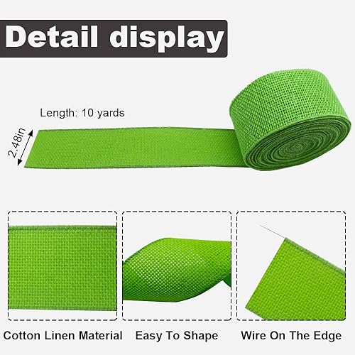 Miniatura 2 de Cintas de arpillera con alambre verde de 2.5 pulgadas, 10 yardas, decoración de borde con alambre sólido de resorte, cinta de tela para