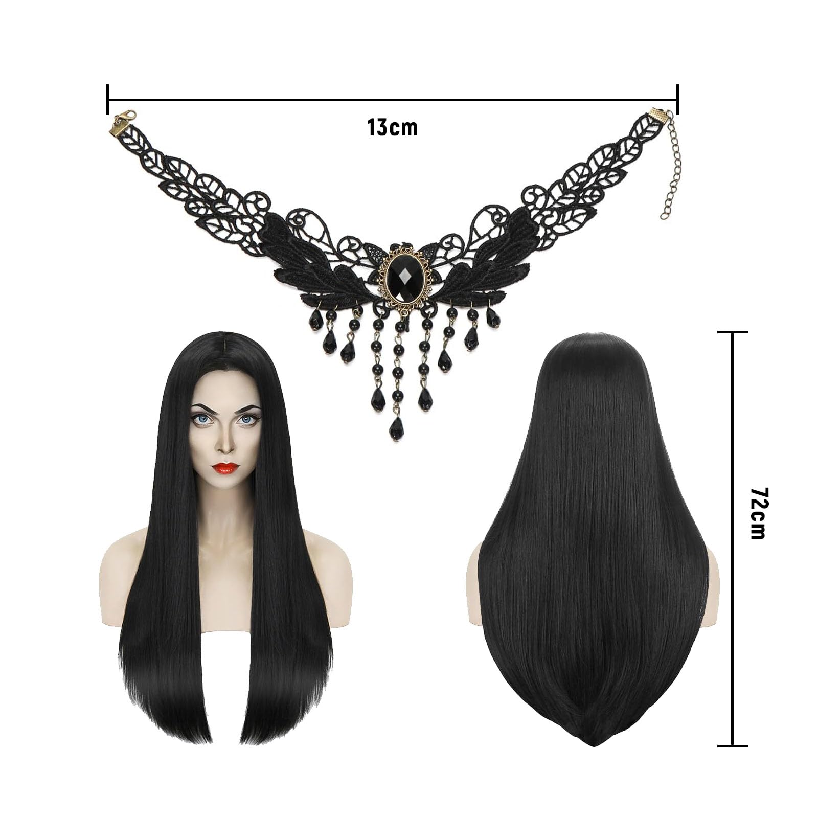 Peruka czarna kostium czarownicy dla kobiet z akcesoriami, kostium Morticia Addams na Cosplay, Halloween, karnawał i imprezy tematyczne