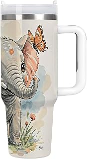 Elephants 40oz Insulated Tumbler with Handle & Straw Lid | Bpa-Free, Double Wall Insulated, Car Cup Holder Friendly, Includes Straw, Cold 12hrs/Hot 6hrs, Leak-Proof 2-in-1 Screw-On Lid