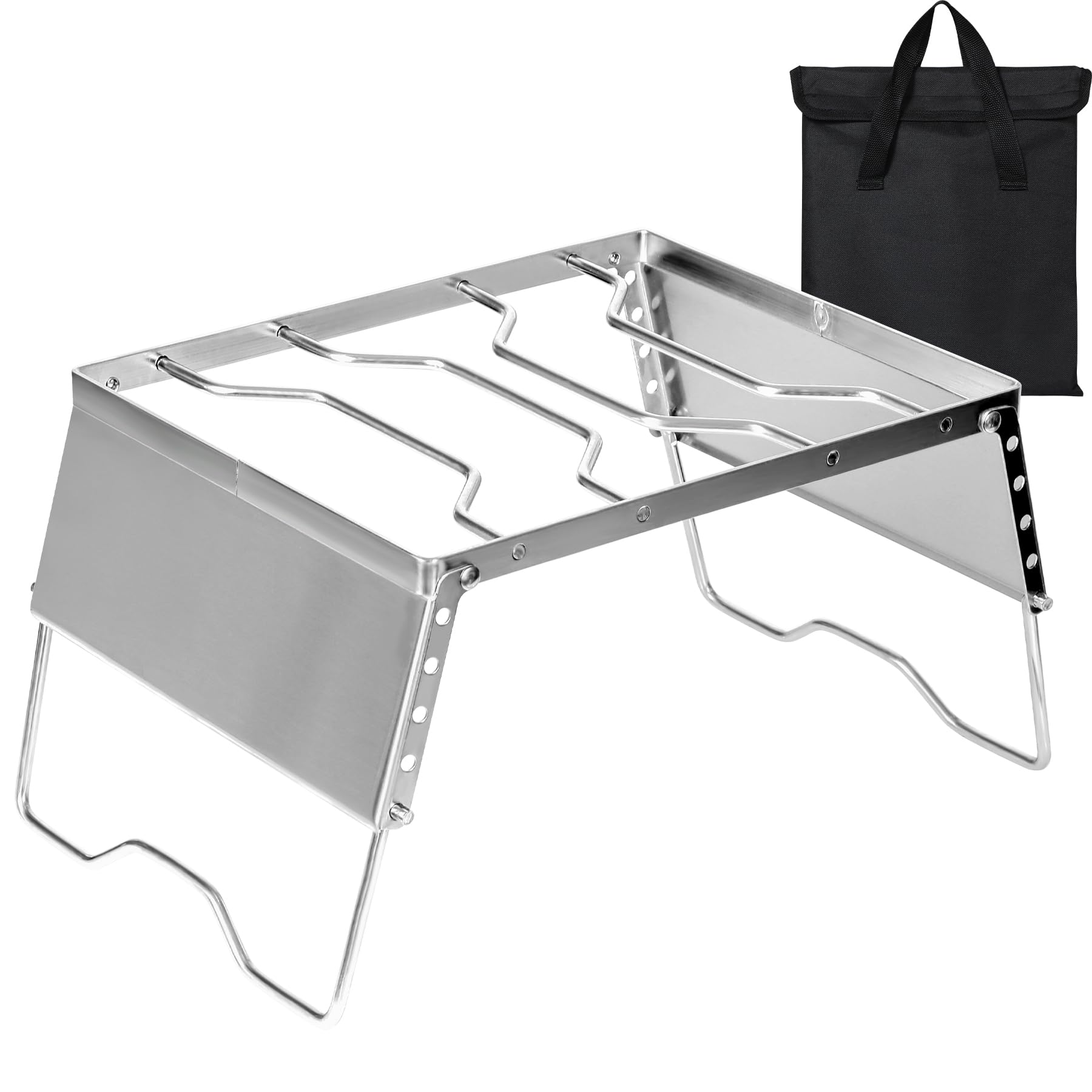 REDCAMP 12" Portable Open Fire Campfire Grill, 304 Stainless Steel Firepit Folding Campfire Grill Grate with Windscreen Height Adjustable Legs and Bag for Outdoor Backpacking Hiking Picnics BBQ