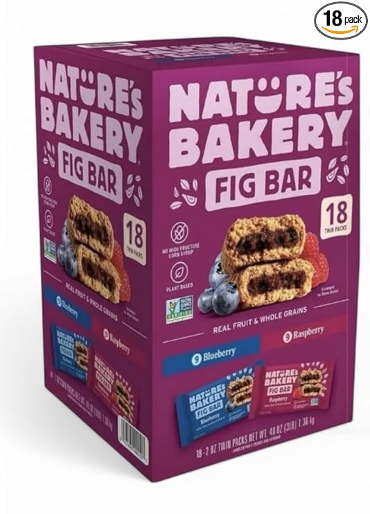 Nature's Fig Bar Variety Pack, 18 Twin Packs – Blueberry & Raspberry, Plant-Based, Non-GMO, Whole Grains, 2 oz Each. Custom Bundled by MOOCHI (Packaging may vary)