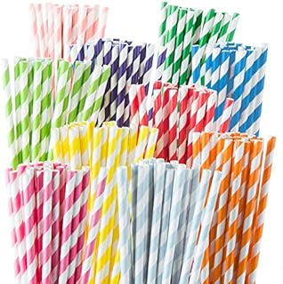 Weemium 200 Biodegradable Paper Straws - Durable & Eco-Friendly in 10 Color Stripes - Rainbow Drinking Straws & Party Decoration Supplies