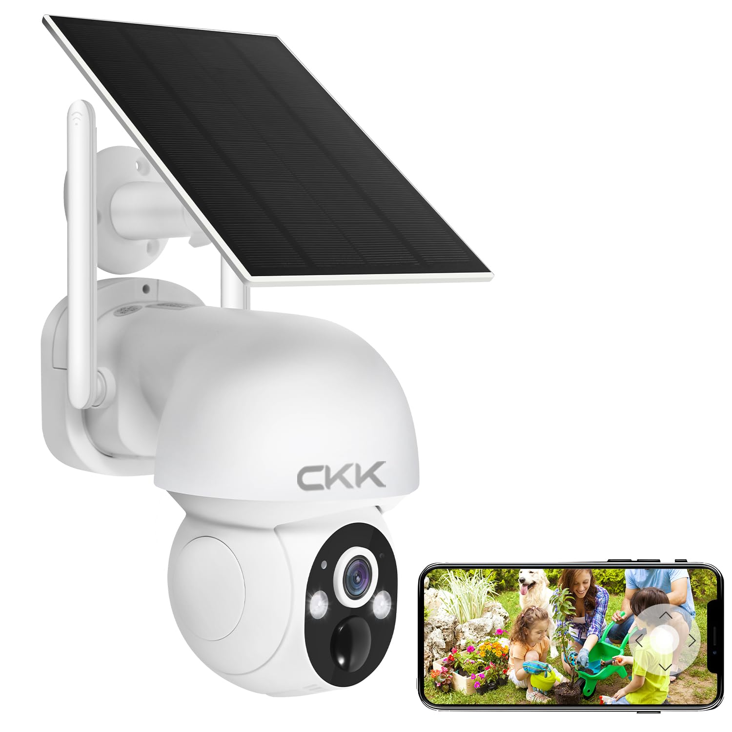 CKK 3K Solar Security Camera Wireless Outdoor, 360 Degree PTZ, PIR Motion Detection, Color Night Vision, 2-Way Talk, IP66 Waterproof, Audible &