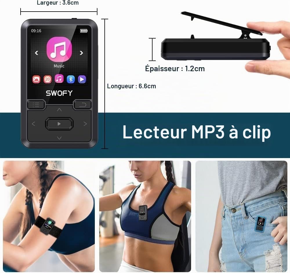 SWOFY Lecteur MP3 Bluetooth 5.0 avec clip sport, lecteur de musique mini portable 32 Go avec écouteurs, radio FM, compteur de pas, enregistrement vocal, prend en charge une carte SD jusqu'à 128 Go