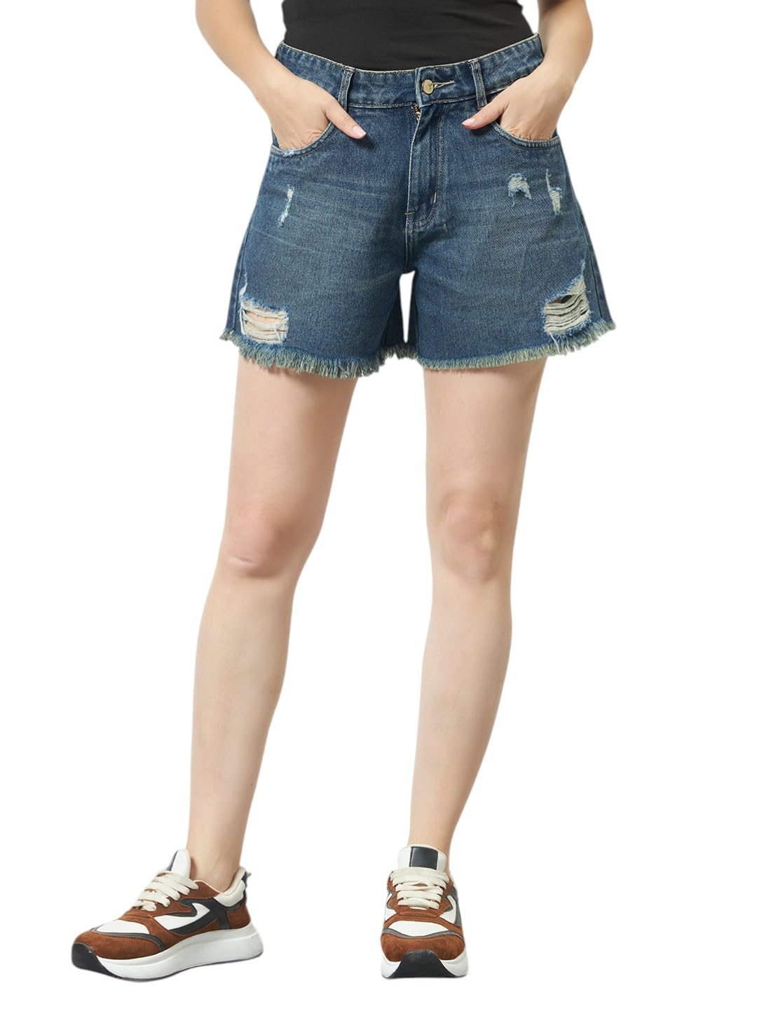 Women Distressed Denim Shorts | Mid Rise Frayed Hem Casual Summer Jean Shorts-image-13