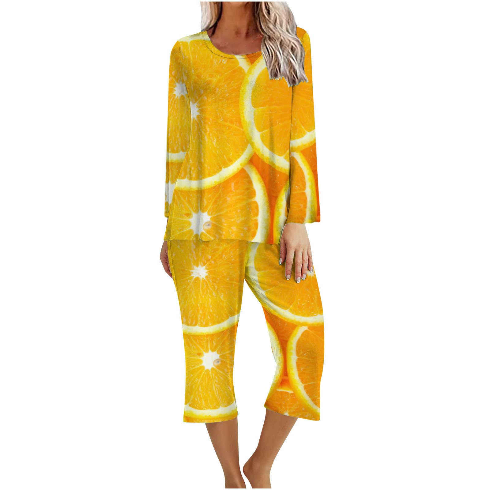 LUSHAasdTwo Piece Capri Pajama Sets for Women UK Soft Cotton Cropped Pants And Long Sleeve Tops Ladies Matching Sleepwear Sets