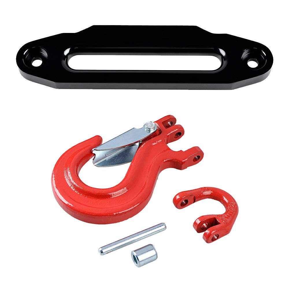 AMOPACORP Universal Black Winch Hawse Fairlead 8000-15000 LBs and Red Half-Linked Hook Lift with Clevis Safety Latch Hook