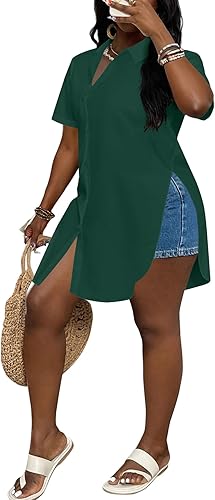 Miniatura 5 de LYANER Blusa de manga corta con cuello en V y botones y dobladillo con abertura para mujer