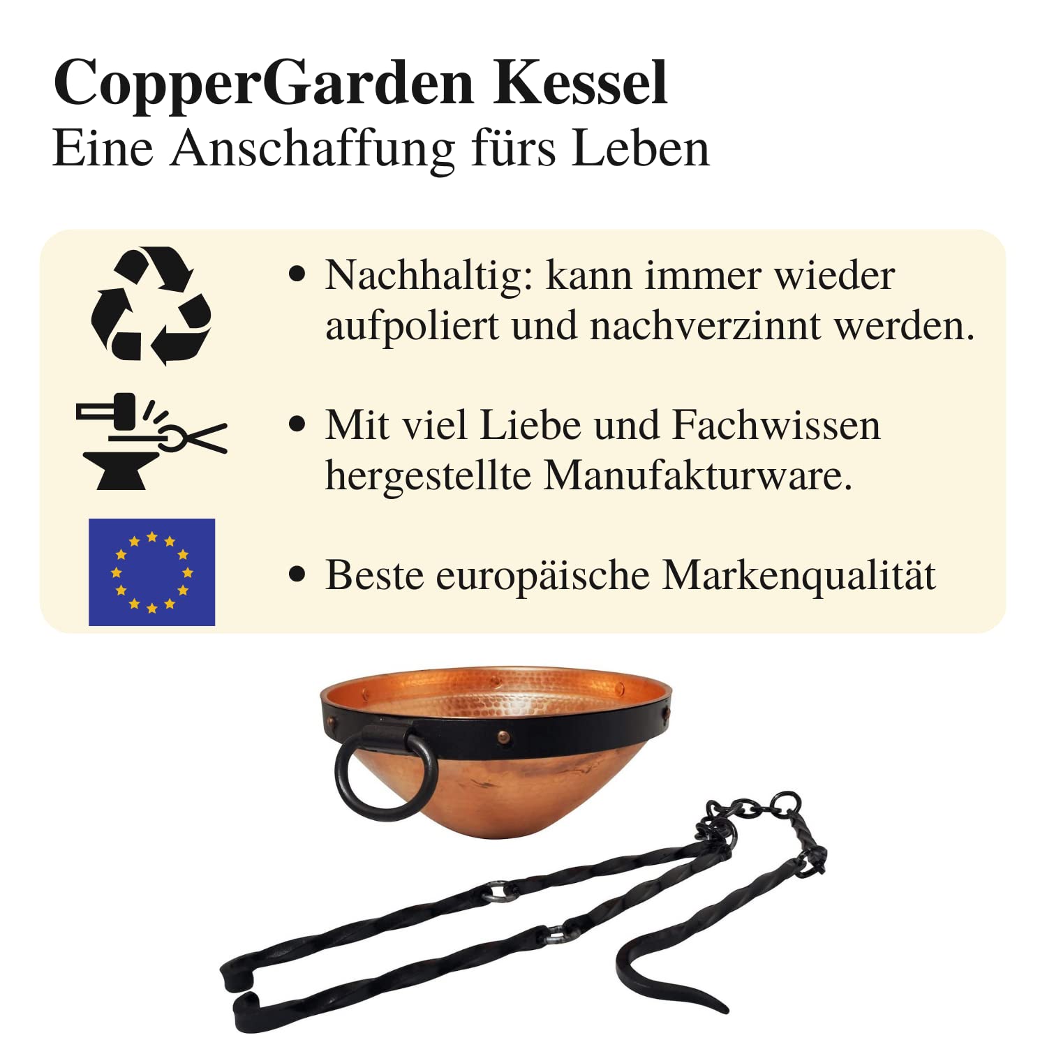 CopperGarden Keltischer Kupferkessel I Kessel aus Kupfer I Topf für Feuerstelle I Kochtopf outdoor I Mit Aufhängung I Kessel für offenes Feuer I Kochen im Feuer I 5L Volumen
