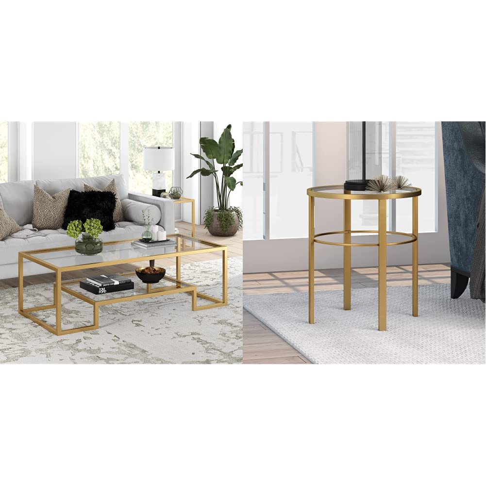 Athena 54'' Wide Rectangular Coffee Table in Brass & 20'' Wide Round Side Table in Brass