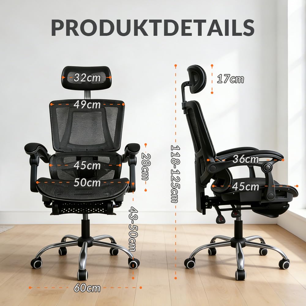 Ergonomischer Bürostuhl mit Lendenwirbelstütze, höhenverstellbarer Chefsessel, Drehstuhl, Netzstuhl
