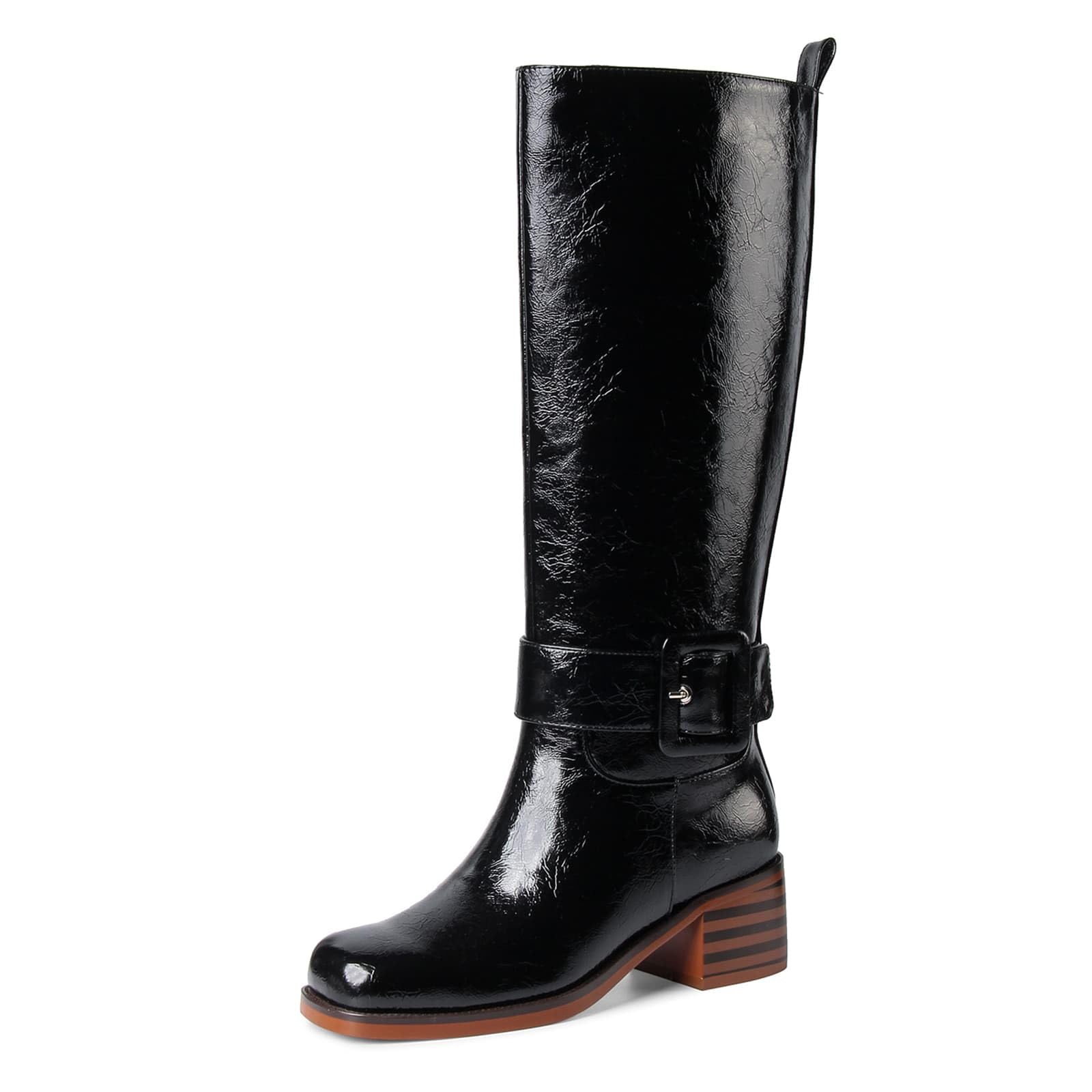 Brown Knee High Boots Round Toe Wide Calf Chunky Low Heel Pull On Riding Long Boots Comfortable Tall