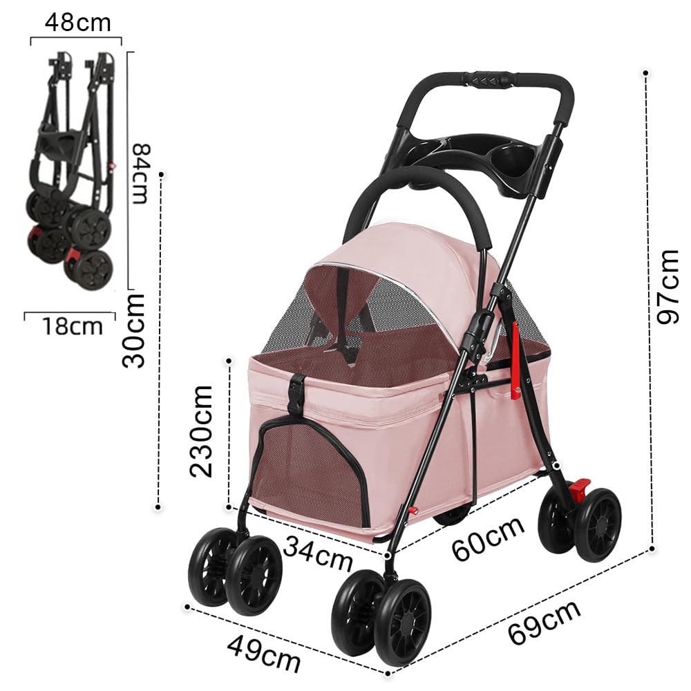 OHMG Wózek dziecięcy 3 w 1, składany wózek dla kota, kosz do przechowywania, okno z siatki, dla małych psów i kotów, do 25 kg, 4 szt. kółek, odporny na zużycie 360°
