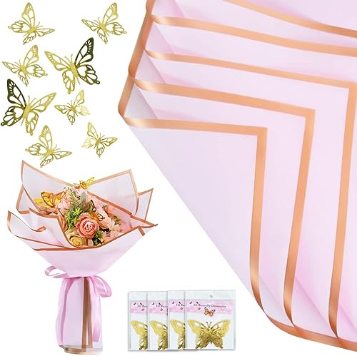 BEISHIDA 20 hojas de papel de regalo de flores rosas, papel floral rosa, papel de ramo con decoración 3D Butterfy, papel mate con borde dorado para