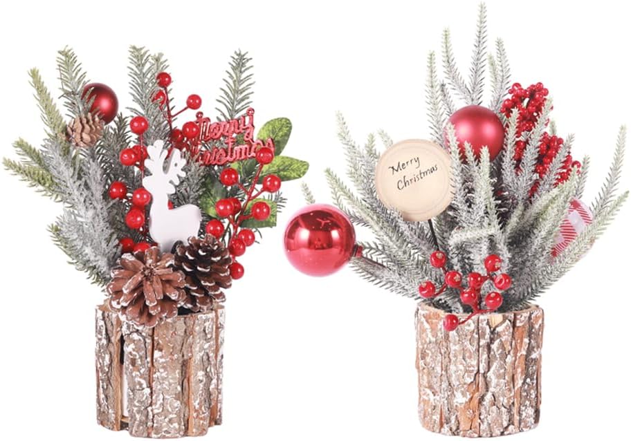 Mini Christmas Tree with Holiday Ornaments Pine Cones Berries Balls, 12.5" Tabletop Christmas Trees 2 Pack, Christmas Shelf Decor Xmas Table Centerpieces Small Christmas Decorations (Snowy)