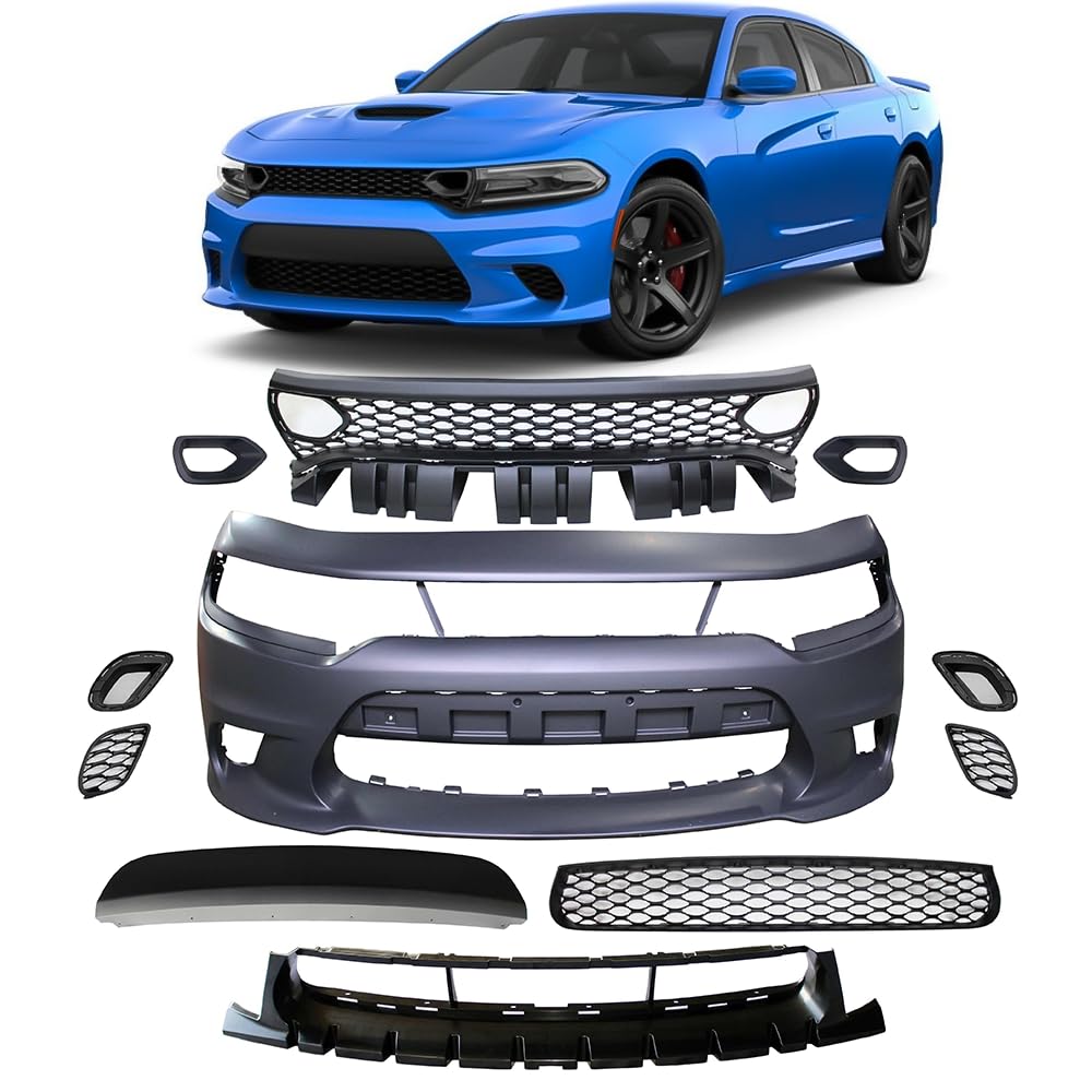 IKON MOTORSPORTS, Front Bumper Cover Compatible With 2015-2023 Dodge Charger Scat Pack & SRT 392 & Hellcat (Not fit Widebody), Unpainted Front Bumper Conversion Replacement PP