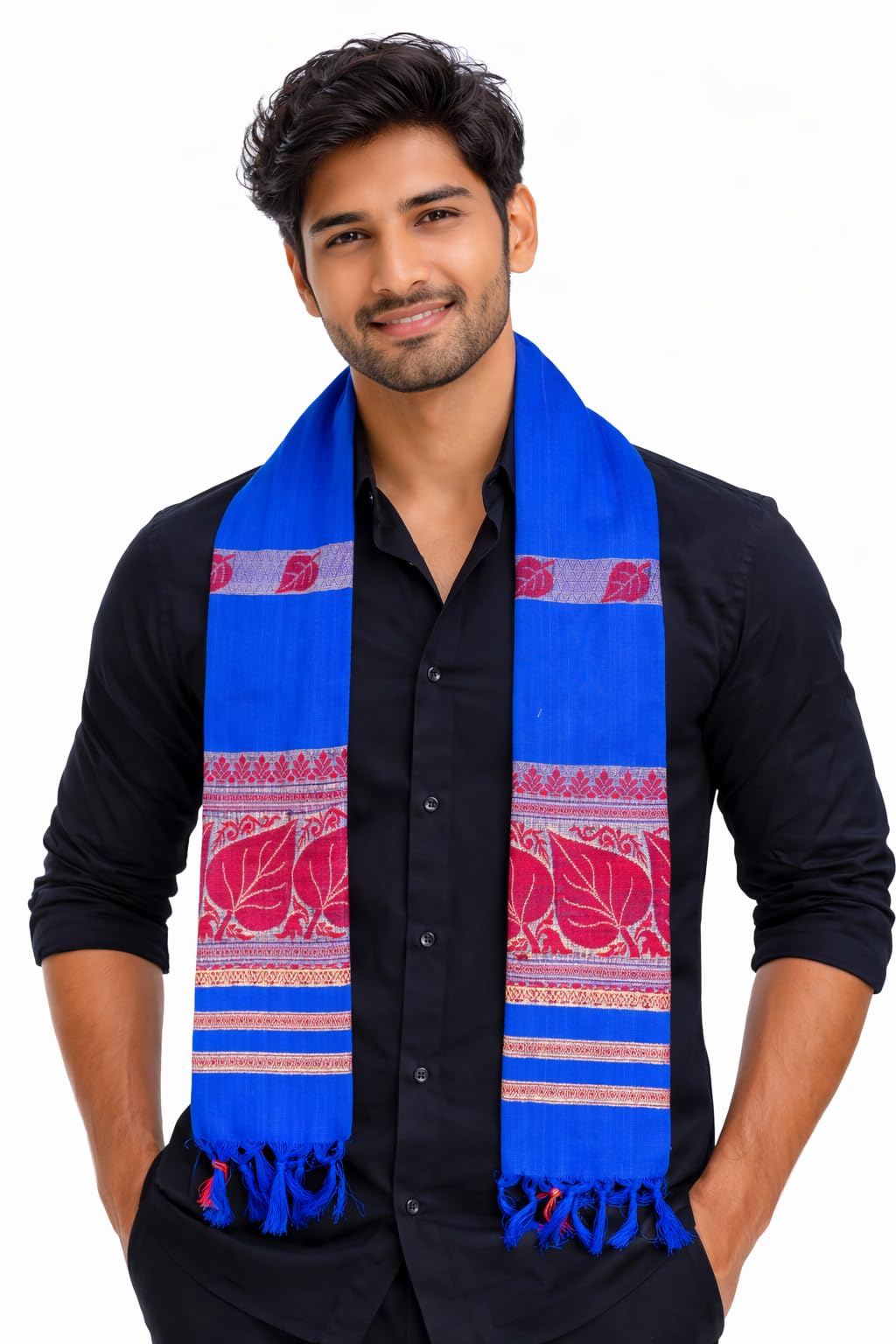 Asami Traditional Gamcha Scarf, Blue with Red Leaf Woven Design, Tassel Ends-image-44