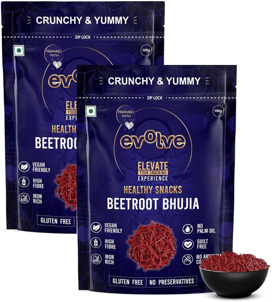 Evolve Beetroot Bhujia, Namkeen - Organic, Guilt Free Munching, Fresh Crunchy Snacks, No Palm Oil & Artificial Colors, Ready to Eat, Masala Flavor - 100g Pack of 2