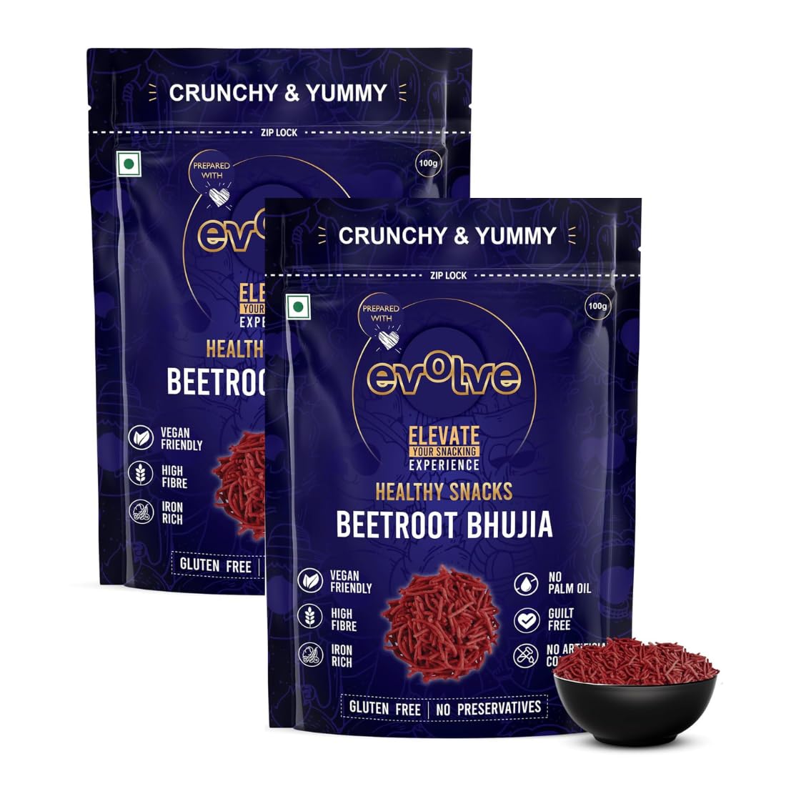Evolve Beetroot Bhujia, Namkeen - Organic, Guilt Free Munching, Fresh Crunchy Snacks, No Palm Oil & Artificial Colors, Ready to Eat, Masala Flavor - 100g Pack of 2