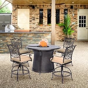 Hanover Traditions 5-Piece High-Dining Patio Set with Fire Pit with 4 Counter-Height Swivel Chairs, Tan Cushions, and a Round 40,000 BTU Cast-top Fire Pit Table, Durable All-Weather Fire Pit Patio Set Hanover Traditions 5 Piece High Dining Patio Set with Fire Pit with 4 Counter Height Swivel Chairs Tan Cushions and a Round 40000 BTU Cast top Fire Pit Table Durable All Weather Fire Pit Patio Set