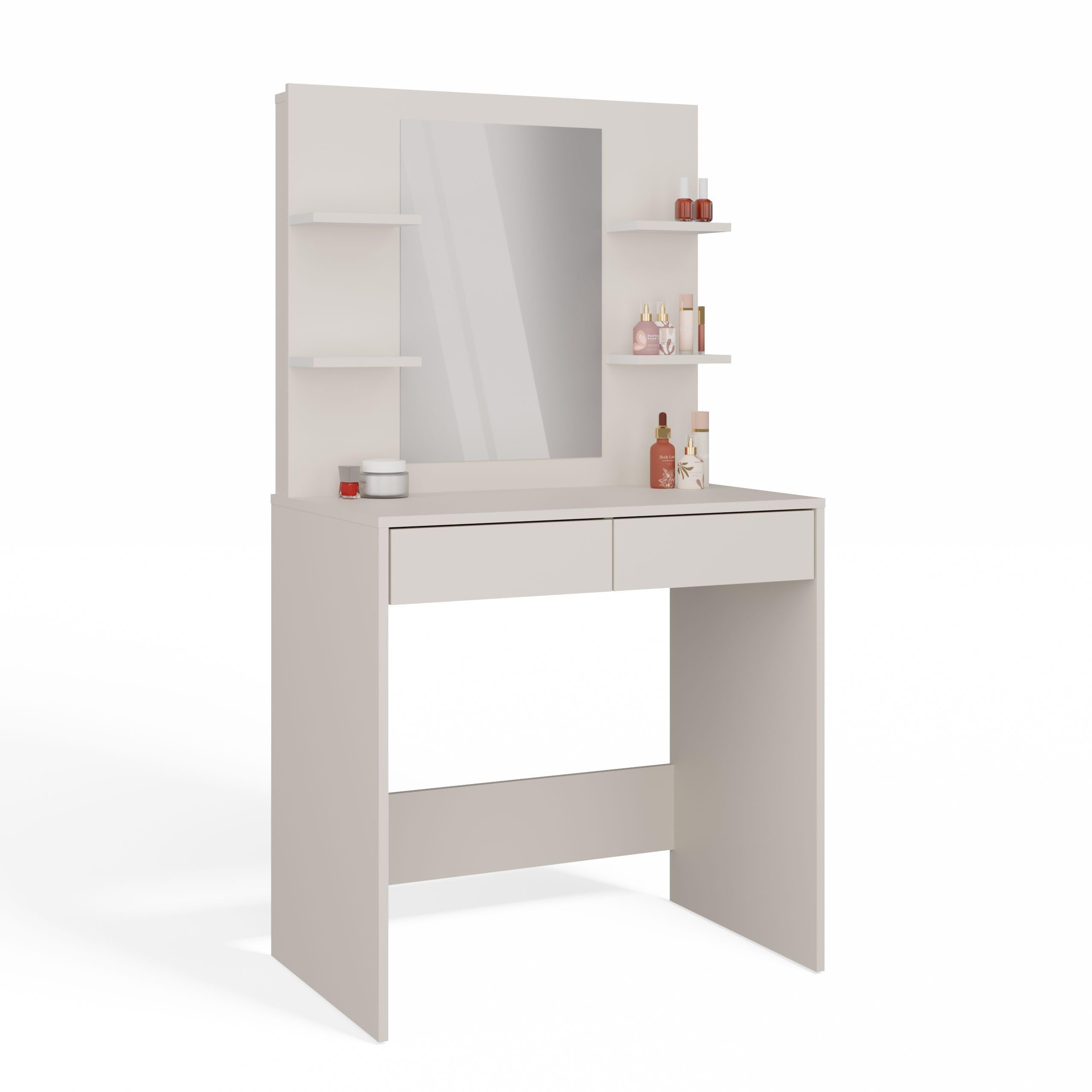 Toeletta da Trucco Moderna con Specchio e 4 Ripiani, Mobile Toeletta Trucco con 2 Cassetti, Scrivania da Trucco Salvaspazio per Camera da Letto, Consolle Make-up Design Curato, Colore Cashmere TOT5