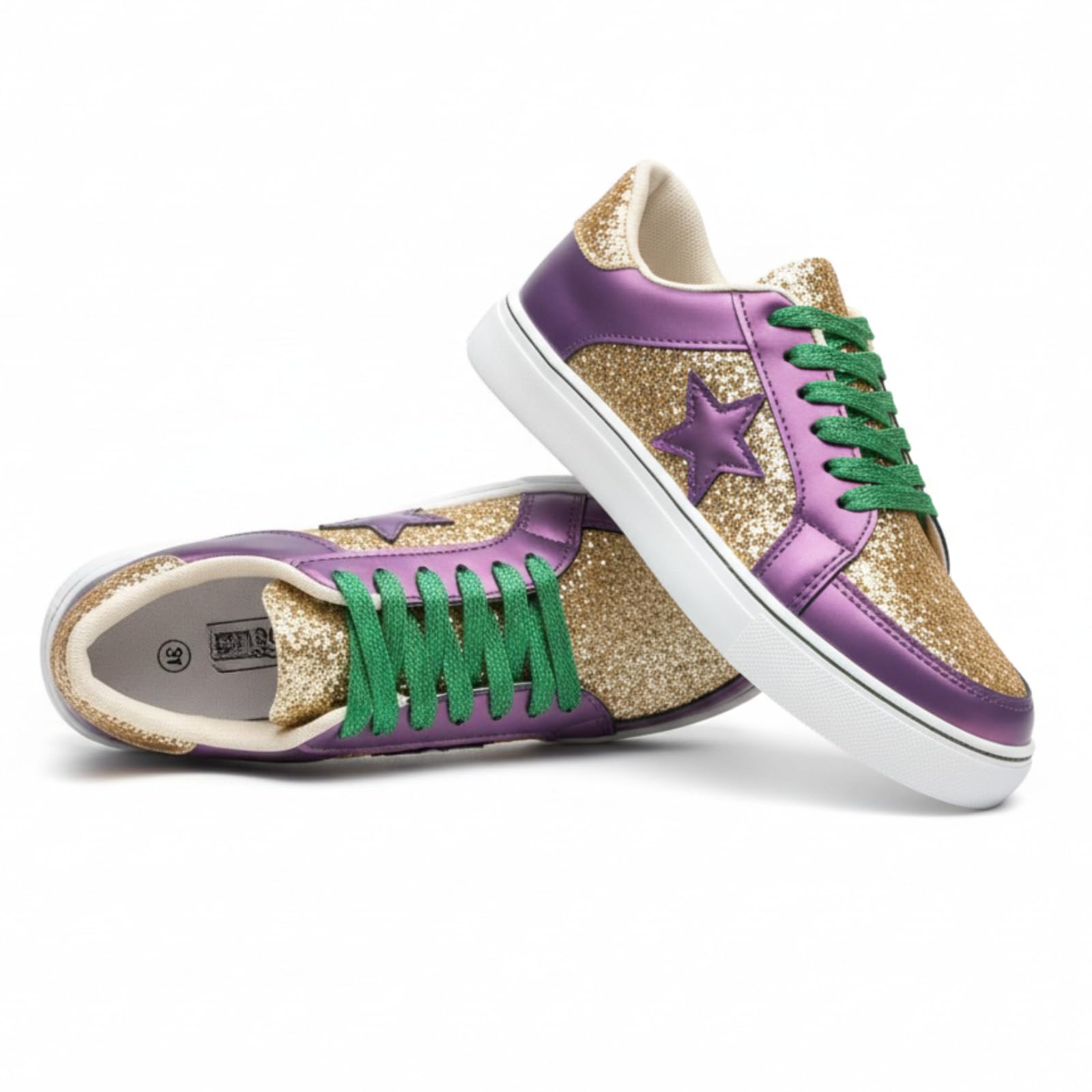 Women's Sneakers, Purple Gold Glitter Star Fashion Low Top, Sparkly Lace Up Walking Shoes, Casual Platform Flats Footwear