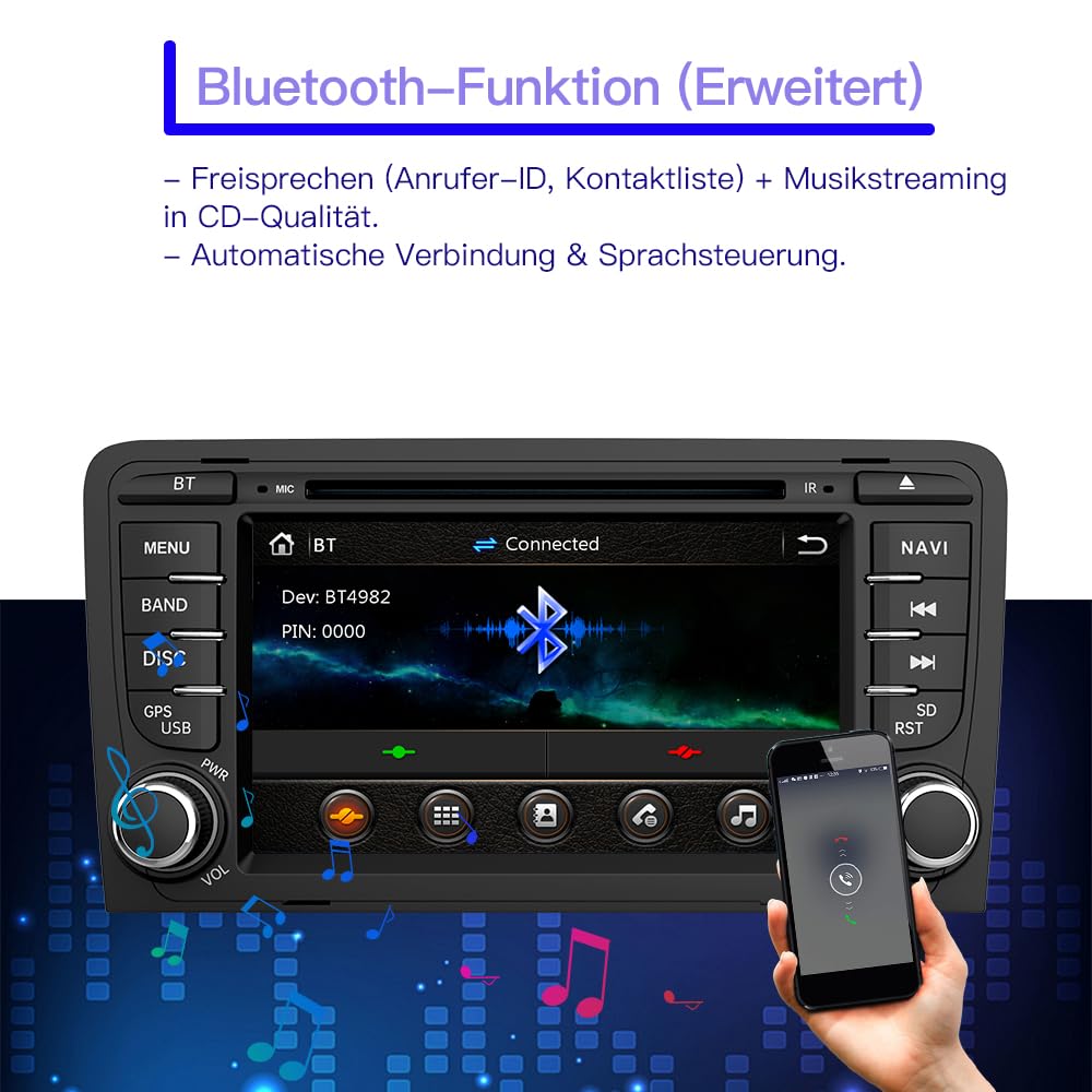 Junsun 2-DIN Autoradio für Audi A3/S3/RS3 2003–2012, 7 Zoll Touchscreen mit CD/DVD-Laufwerk, Lenkradsteuerung, MirrorLink, USB, Bluetooth, FM/AM Radio