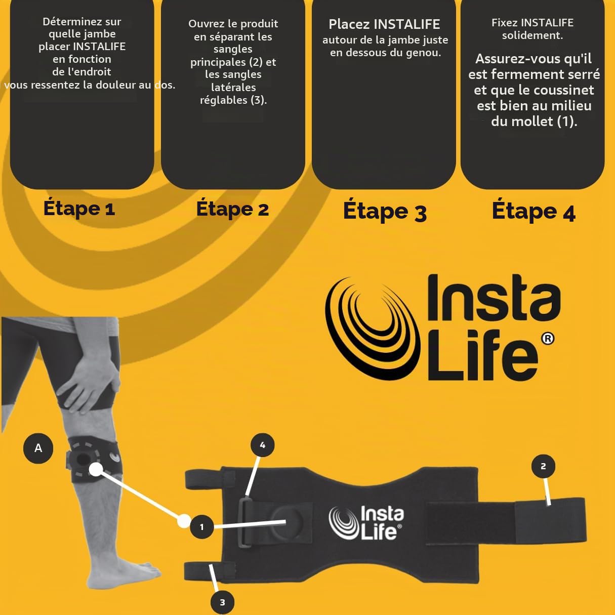 INSTA LIFE INSTALIFE Lot de 2 genouillères pour soulager les douleurs articulaires, soulage les douleurs dorsales avec digitopression, ergonomique, douleurs lombalgiques, sciatiques, douleurs aux