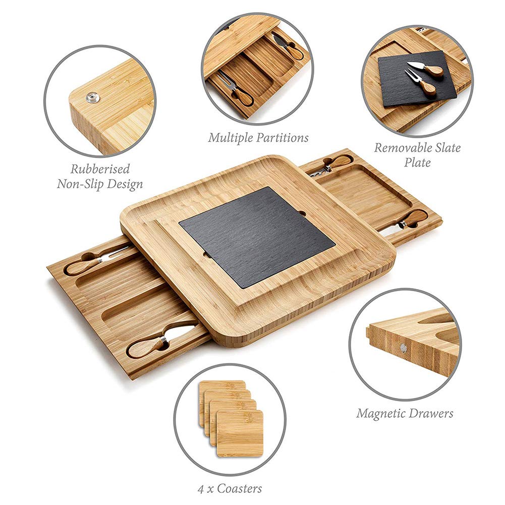 Planche à Fromage en Bambou et Couteau à charcuterie en Bois Plateau à Fromage avec 2 tiroirs coulissants, Cadeaux de Pendaison de crémaillère de Mariage