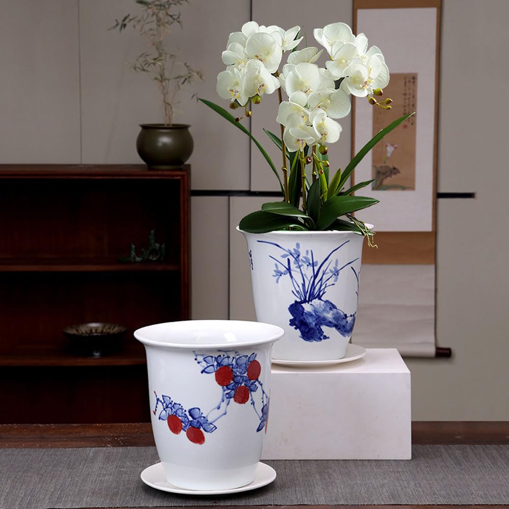 Keramik-Pflanzgefäß, Blaue und weiße Porzellan-Blumentöpfe mit Drainage, chinesischer Bonsai-Topf, Chinoiserie, dekorativer Blumentopf, Tischaufsatz für den Tisch zu Haus(5-blau&weiß