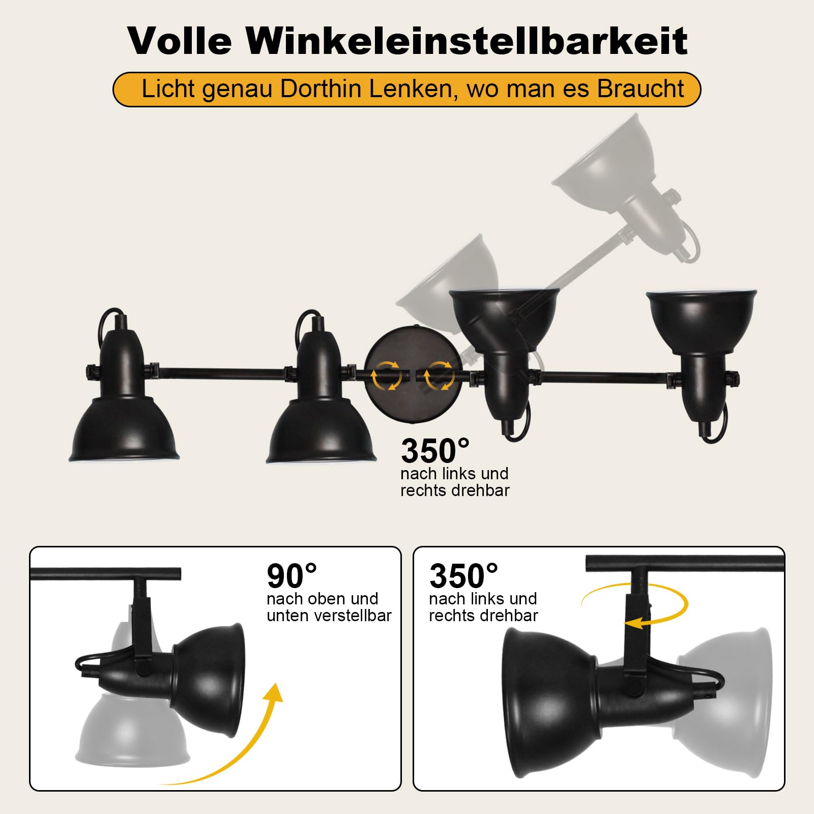 Deckenlampe 4 Flammig Schwenkbar E27 Deckenleuchte Wohnzimmer | Industrial, Schwarz-weiß, Deckenstrahler mit Verstellbaren, Vintage Metall, Wandlampe Innen, Ohne Leuchtmittel