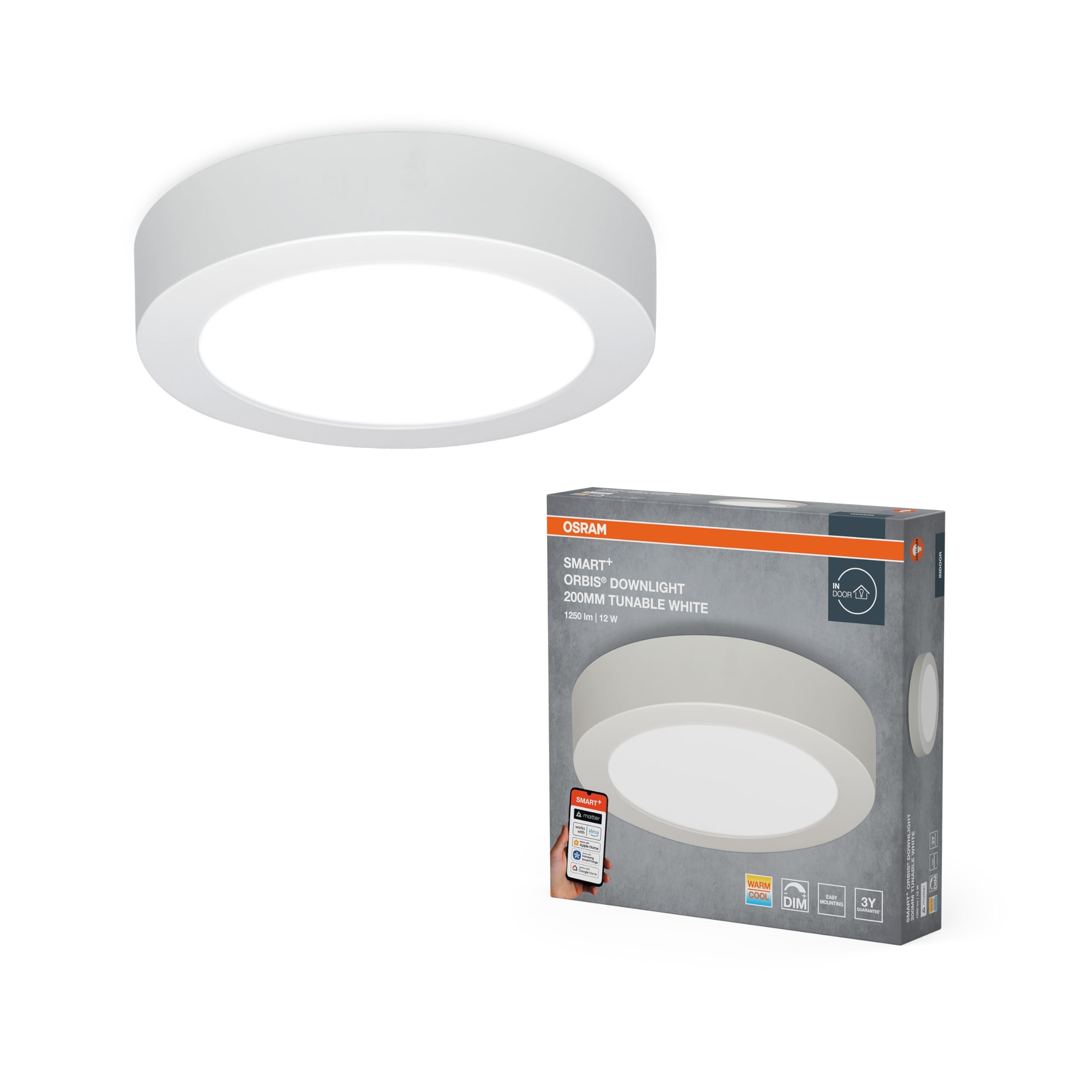 OSRAM Downlight LED SMART+ Matter Orbis, redondo, 200 mm, 12 W, 900 lm, 3000–6500 K, Matter over WiFi, aluminio blanco