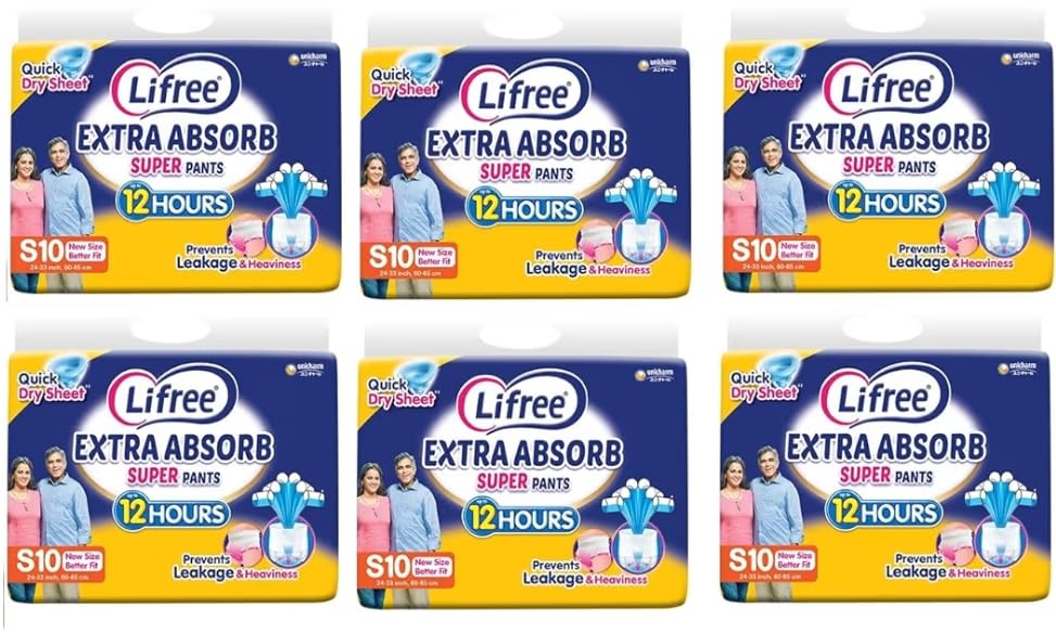 Compatible with Lifree S10 adult Diaper extra absorb suoer pants upto 12 hours absorpsion Unisex, large, S size 60 Pieces, Waist size- 24-33 Inches, 60-85 cm (Pack of 6) up to 12 HOURS ABSORBENT-image-42