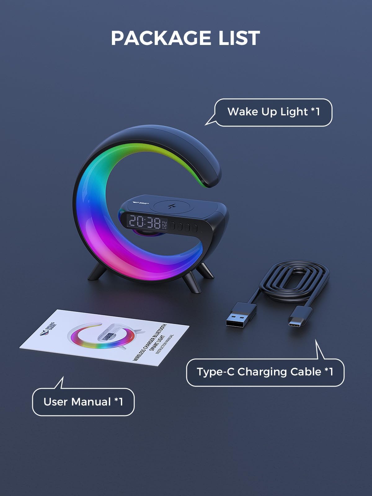 Smiling Shark Lampe de Réveil Intelligente avec Charge Sans Fil, Haut-Parleur Bluetooth, 10 Modes Lumière
