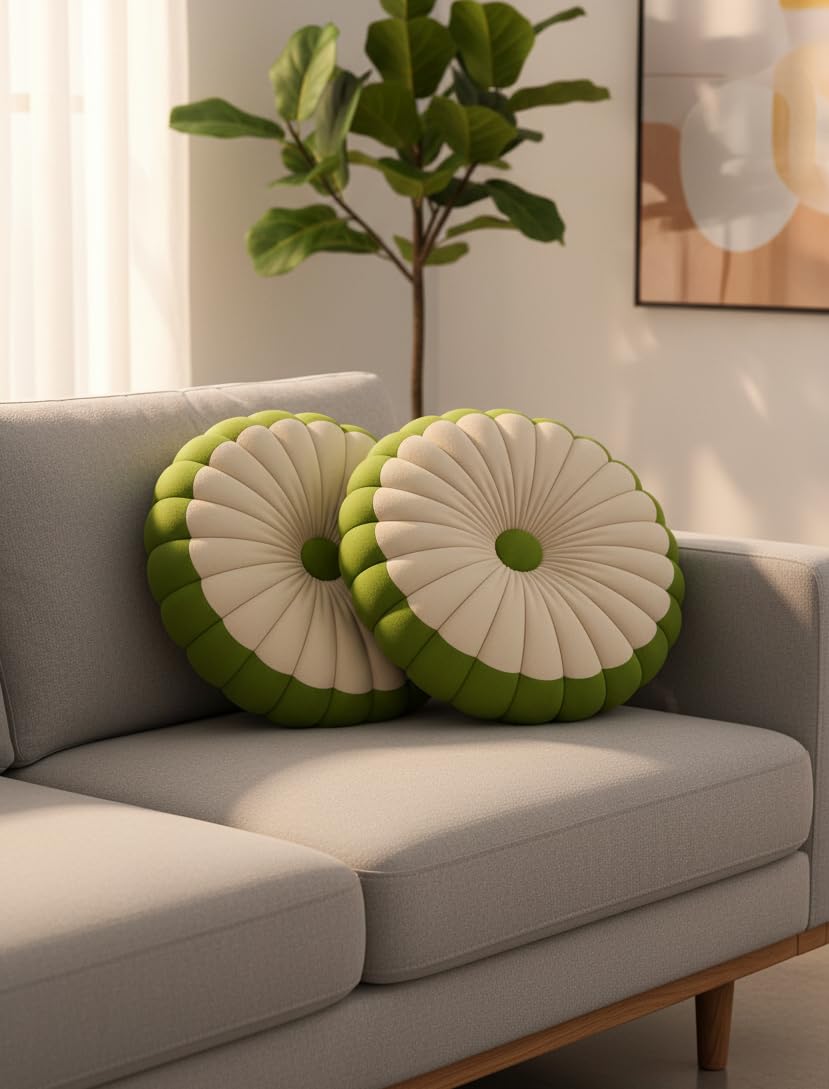 Round Pleated Throw Pillows, Green and Cream, Velvet Decorative Cushions, Set of 2, Modern Home Decor-image-20