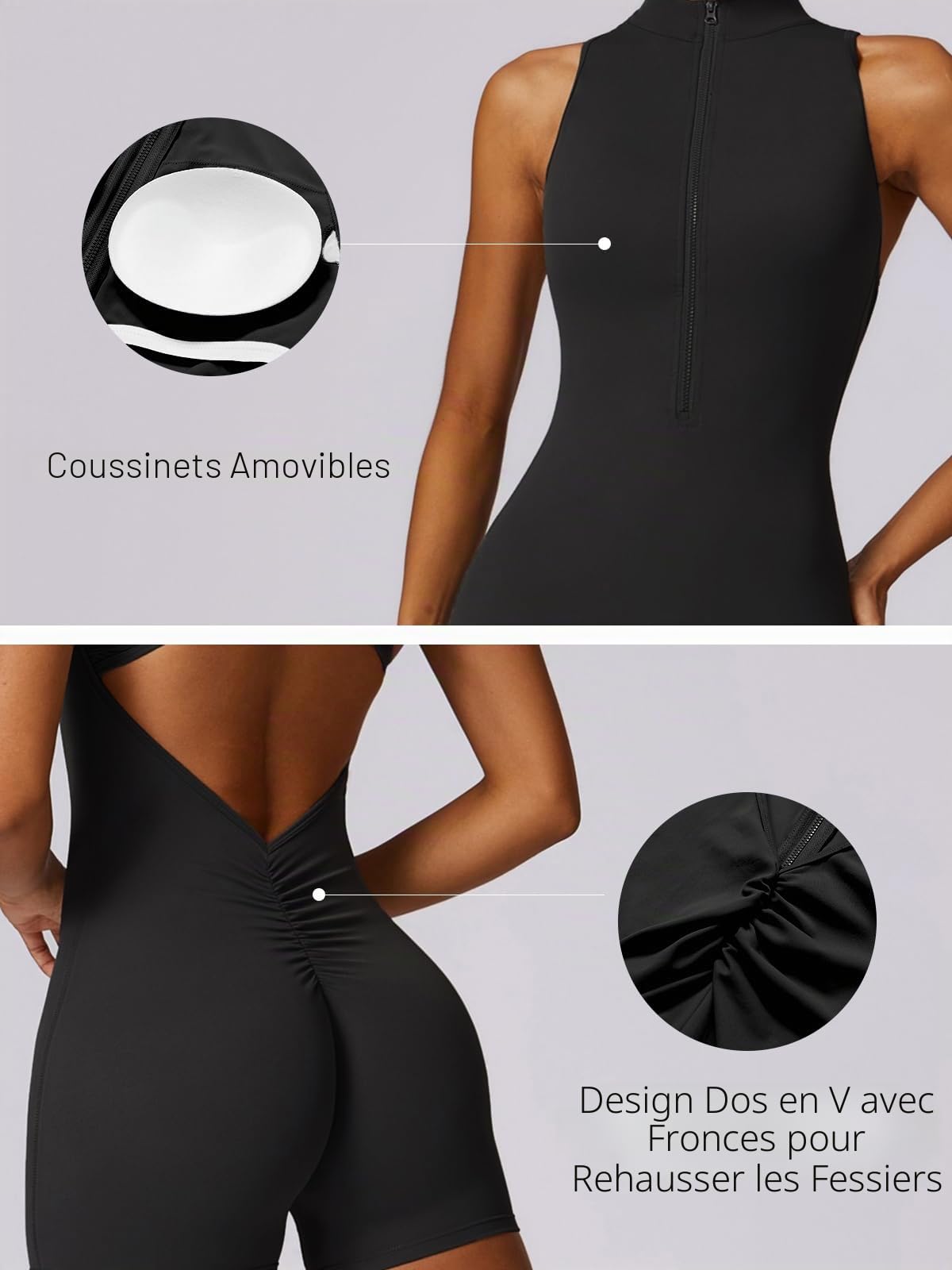 Ecupper Femmes Combinaison sans Manches Sport Bodysuit Dos Nu Bodycon avec Fermeture Éclair Une pièce Romper Jumpsuit