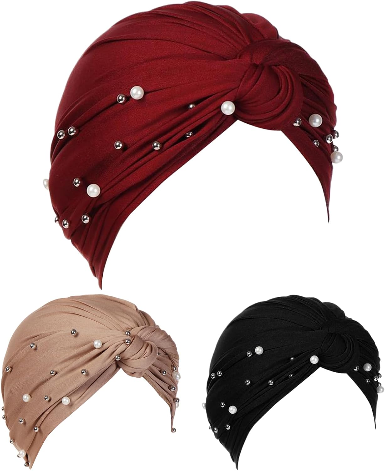 Hair Wrap 3Pcs Head Wraps for Women, Long Stretch Hair Scarf with Pearls, Tied Knot Turban Head Wraps Breathable Lightweight Turban for Women Hijab Bonnet Hat