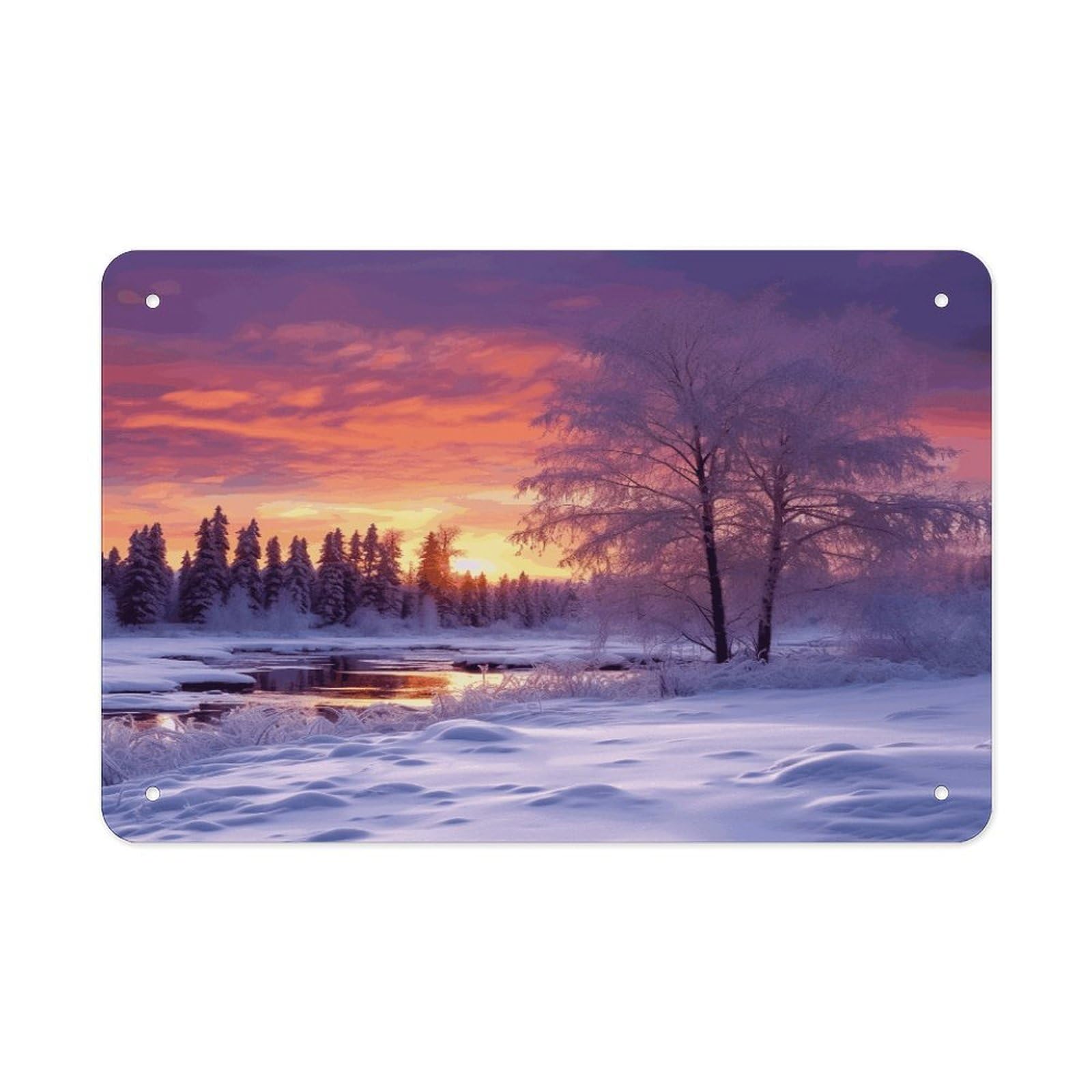 Winter Landscape Metal Tin Sign 12"x8" Wall Art Prints Poster Decorative Picture Metal Signboard Decor Painting Folded Edge Iron Sheet Painting with Holes for Wall Decor