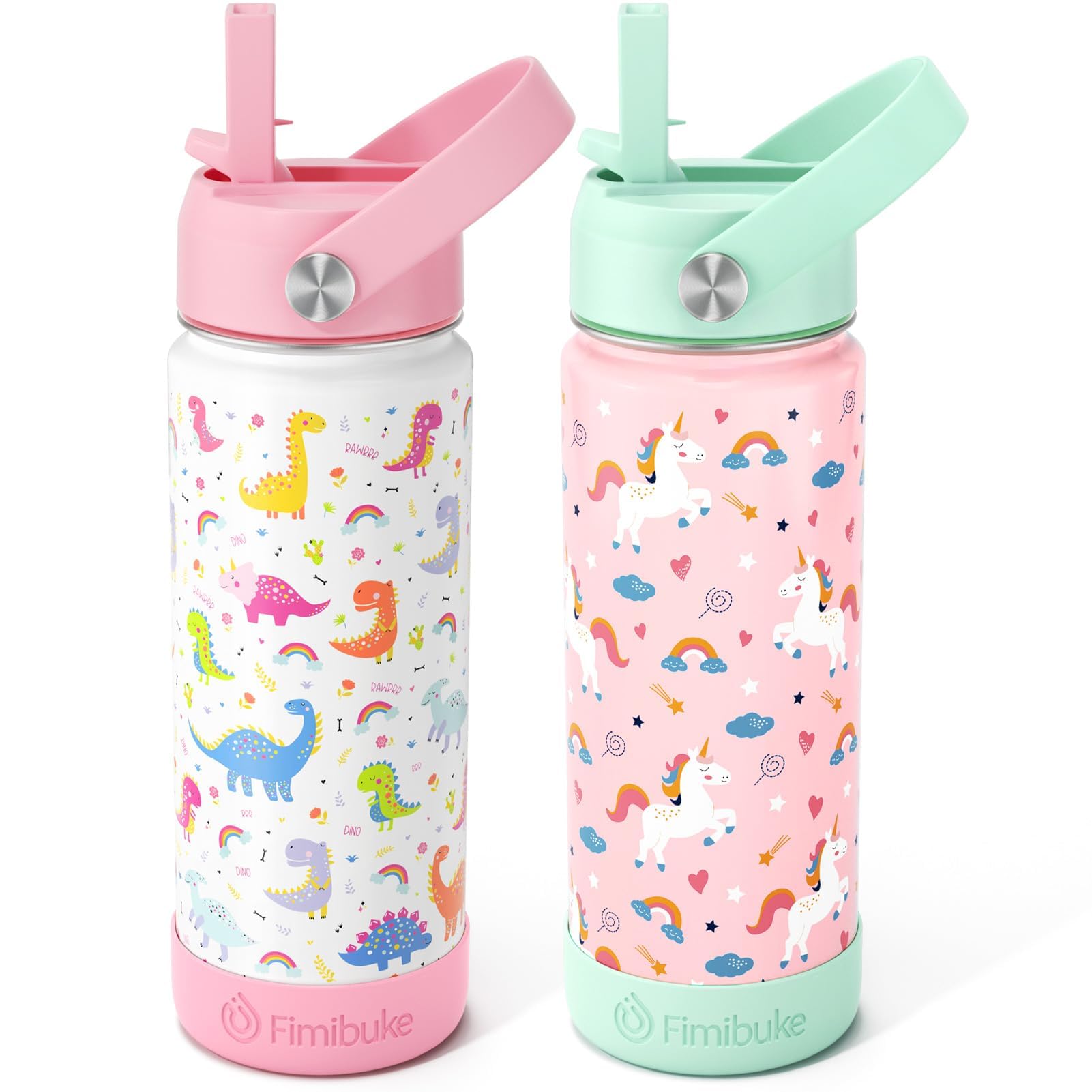 Fimibuke Kids Insulated Water Bottle - 18oz BPA-FREE Kid Cup with Straw Double Wall Vacuum Tumbler 18/8 Stainless Steel Leak Proof Toddler Water Bottle for School Boys Girls (2 Pack, Unicorn/Dinosaur)