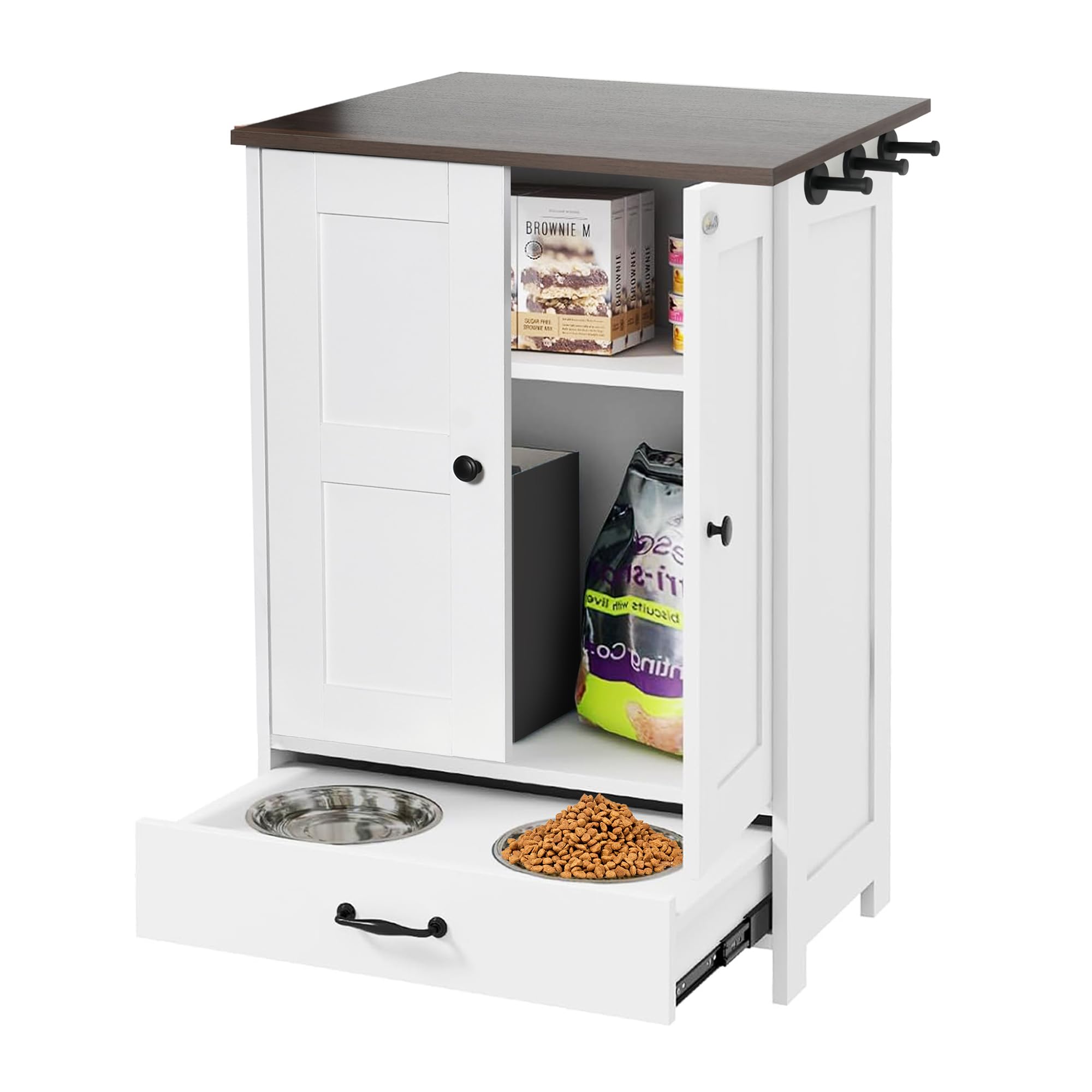 Dog Feeding Station with 2 Hidden Elevated Dog Bowls, Pet Feeding Station with Storage & Hook, Dog Feeder Station, Dog Food Storage and Feeding Station, Dog Food Station