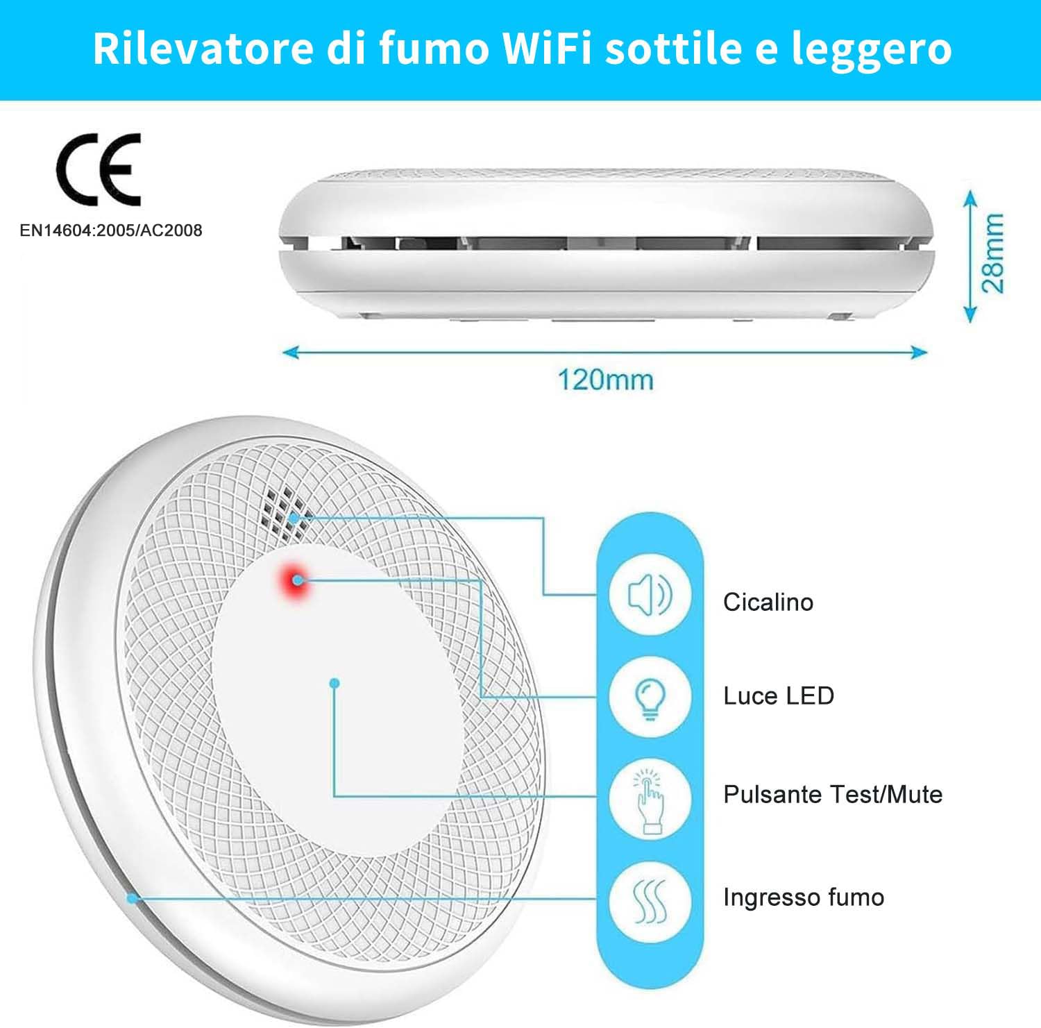 Rilevatore di Fumo WiFi, Batteria da 10 anni con Notifica Tramite App, Funzione di Disattivazione Dell'audio e Funzione di Autotest, Certificato TUV(Compatibile con l'app Tuya/Smart Life),2 pezzo
