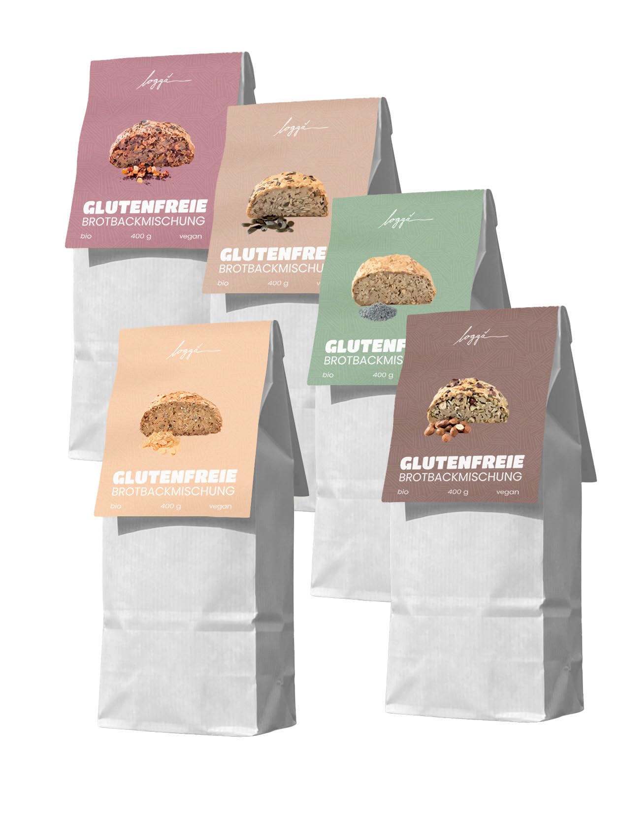 Loggä Glutenfreies Brot, 5er Probierpaket (5x400g), Brotbackmischung, Eiweißbrot, Bio, Vegan, Keto, 1xNuss, 1x,Kernig, 1xFein, 1xFruchtig, 1xLower Carb