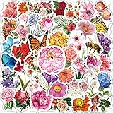 フラワーシール50枚、ノートパソコン、ギター、ウォーターボトル、ランチボックス、スクラップブック、ジャーナリング用ビニール防水ステッカー (花)