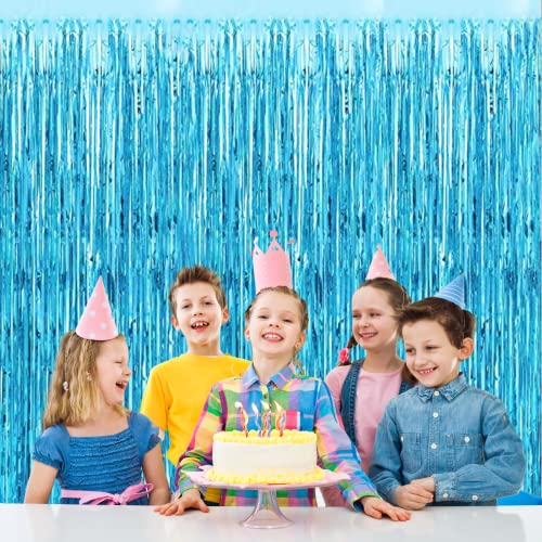 Image of 3 ft X 6 ft Metallic Light Blue Foil Curtain for Birthday Decorations /Anniversary (3 pc Light Blue Metallic Foil Fringe Curtain)