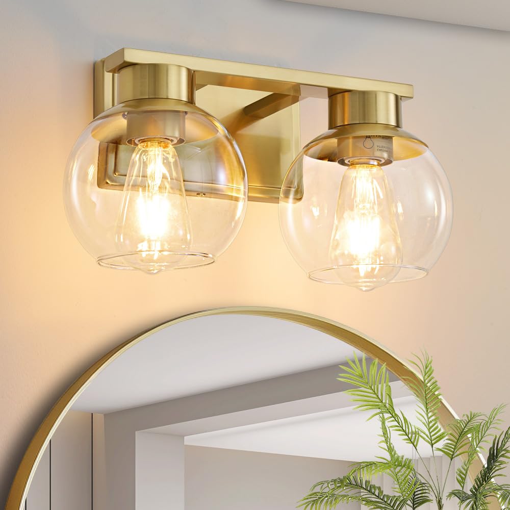 2-Lights Bathroom Vanity Light Fixtures - Gold Bathroom Light Over Mirror with Clear Glass Shade 13.7 inch Wall Sconces Lighting & Vanity Lights for Bathroom (Brushed Gold, 2 Lights)