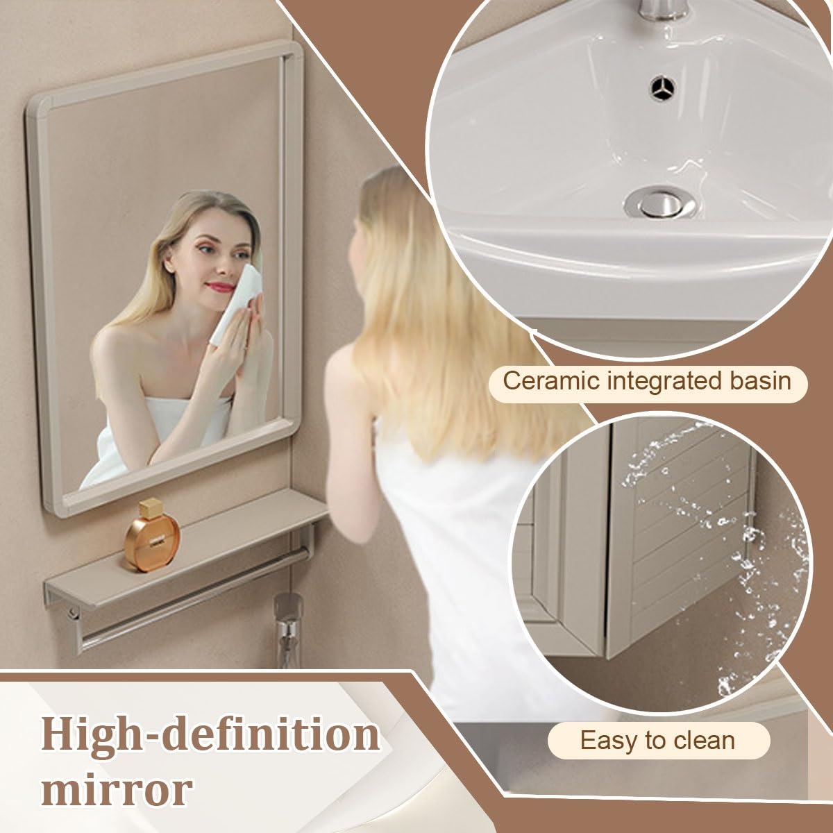 Fregadero esquinero compacto de cerámica blanca, montado en la pared, ahorra espacio, para baños pequeños y apartamentos, diseño de 48 cm para espacios limitados, accesorio de baño moderno