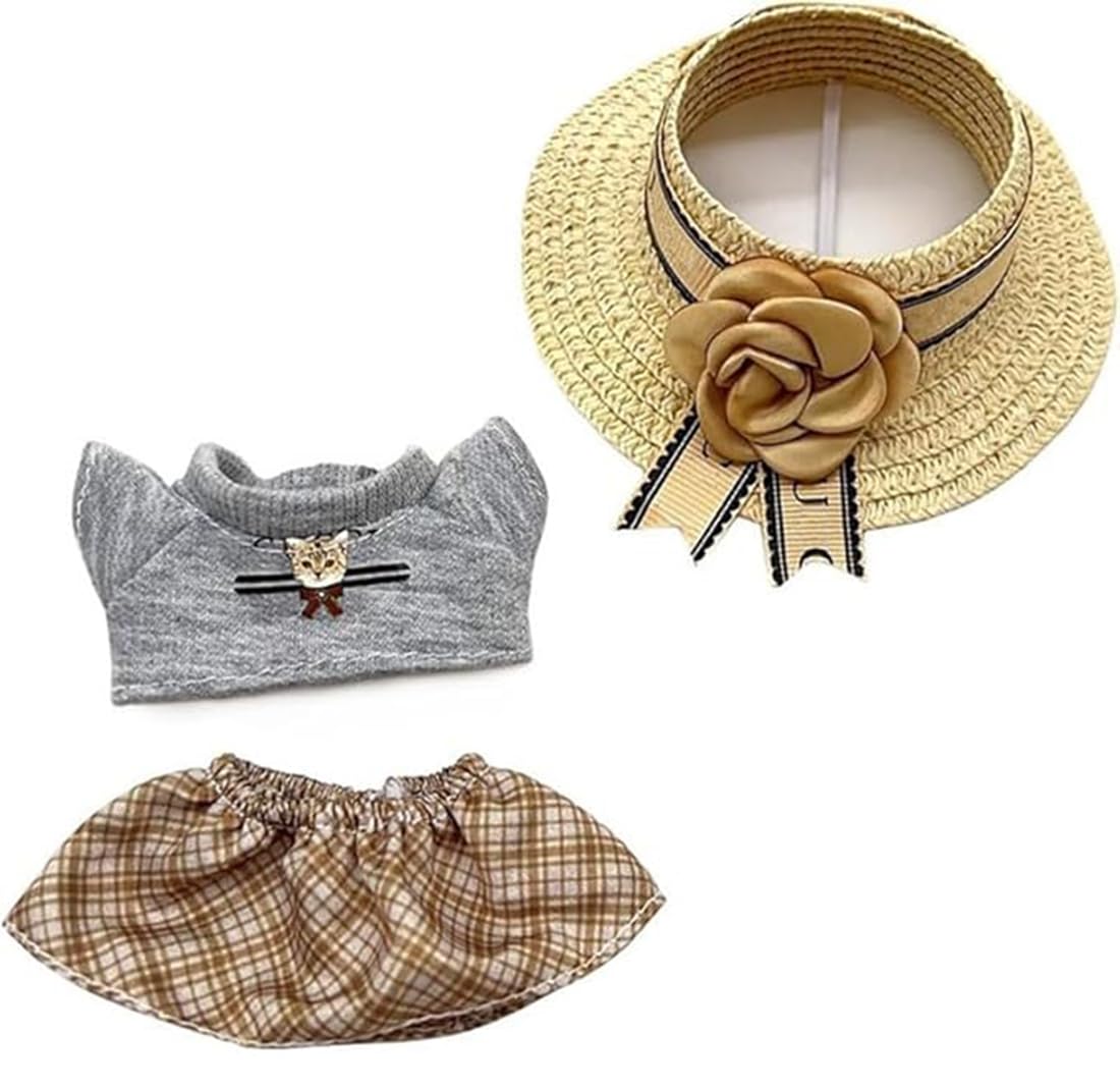 17cm Doll Clothes Outfit Accessories Set -- 3 Pcs Vacation Clothes Set with Straw Hat, T-Shirt, Skirt for 17cm Plush Dolls Dress Up Unique (Chic Brown